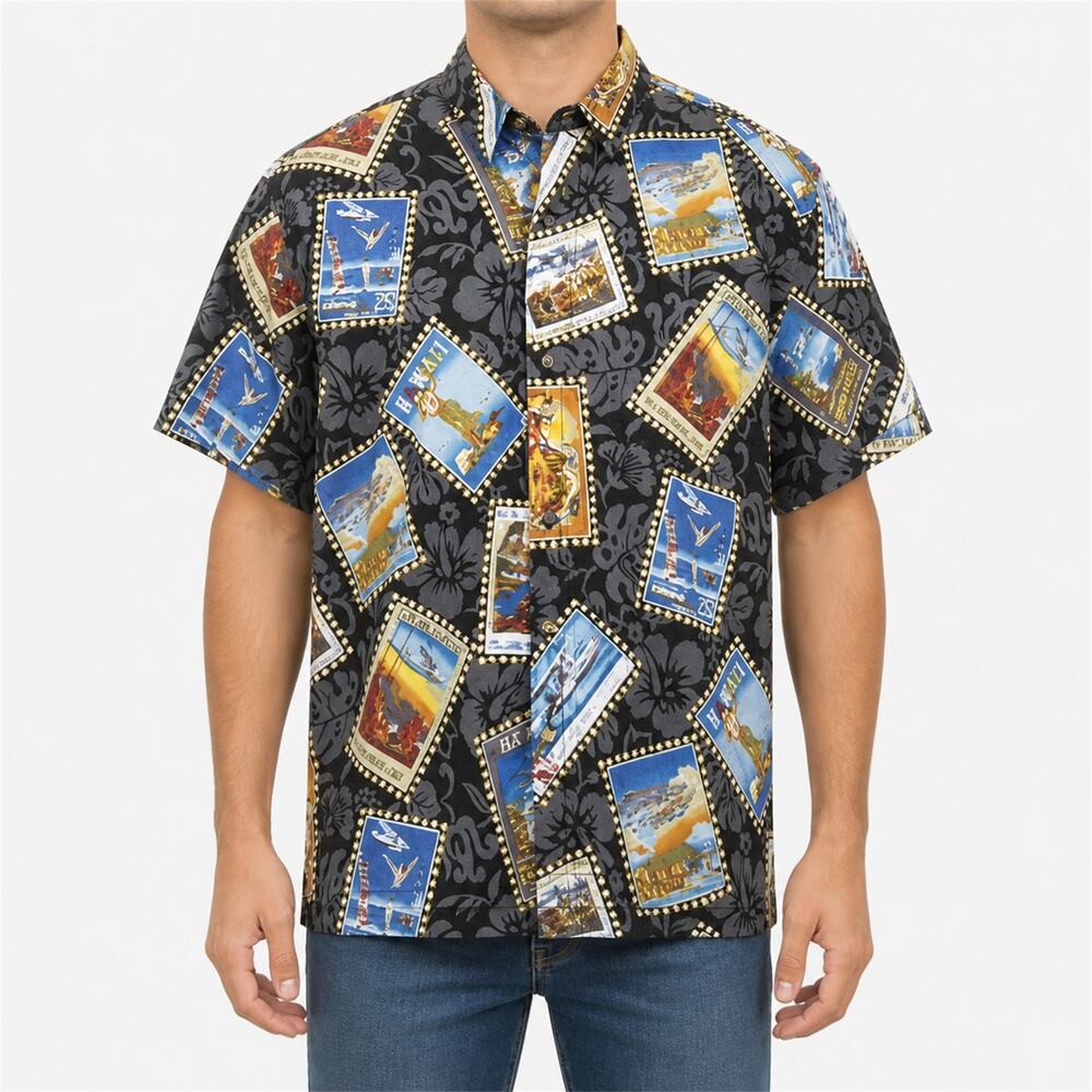 High Seas Shirt Mens Large Black Gray Hawaiian Aloha USA Made Short Sleeve